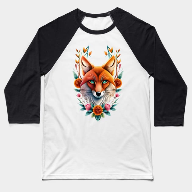 Fox and flowers tattoo style 14 Baseball T-Shirt by Dandeliontattoo
